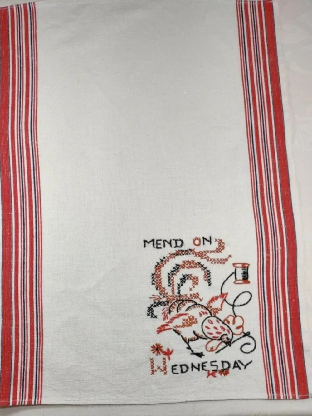 Vtg Tea Towel cross stitched Rooster red stripes Wednesday 16